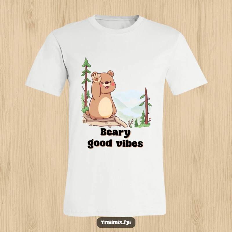 Funny Bear T-Shirt: A joyful bear is waving hello from a beautiful scenic overlook, inviting smiles.
