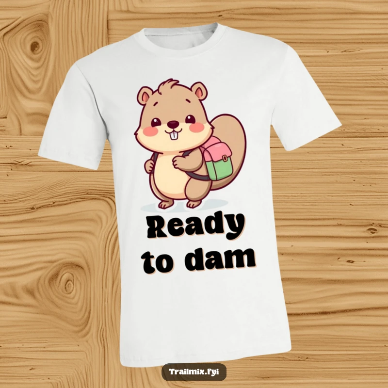 Funny t-shirt depicting a cheerful beaver carrying a small backpack, a humorous and adventurous wearable design.