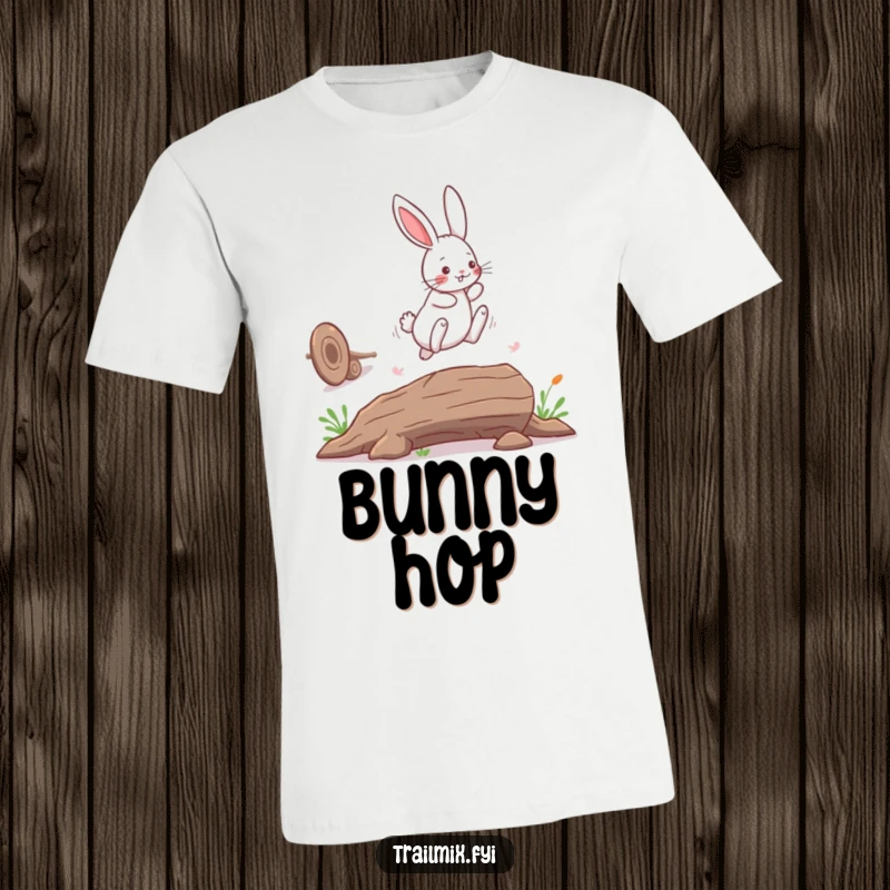 Funny bunny rabbit t-shirt, playfully leaping over a fallen log with boundless energy, perfect for casual wear.