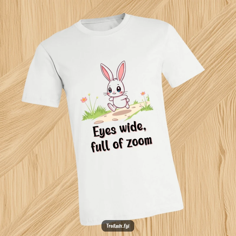 Funny playful bunny with wide eyes hopping across a trail, printed on a hilarious t-shirt for cartoon lovers.