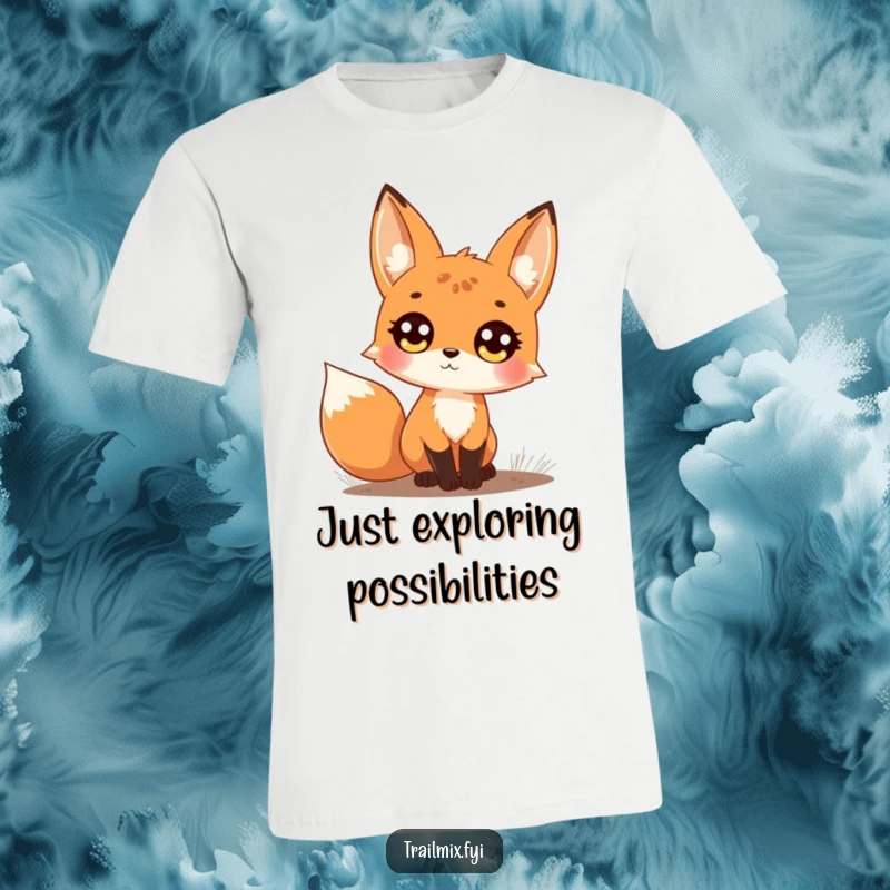 Funny t-shirt design of a curious fox on a forest trail, gazing upwards with huge, bright, expressive eyes.