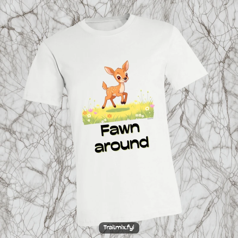 Funny deer fawn t-shirt depicting a gleeful fawn bounding with pure joy through a sunlit meadow, radiating freedom.