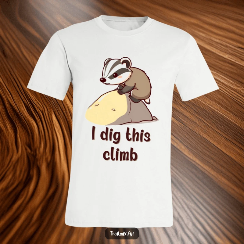 Funny determined badger t-shirt, intently climbing a grassy slope with a focused expression. Humorous and inspiring graphic tee.