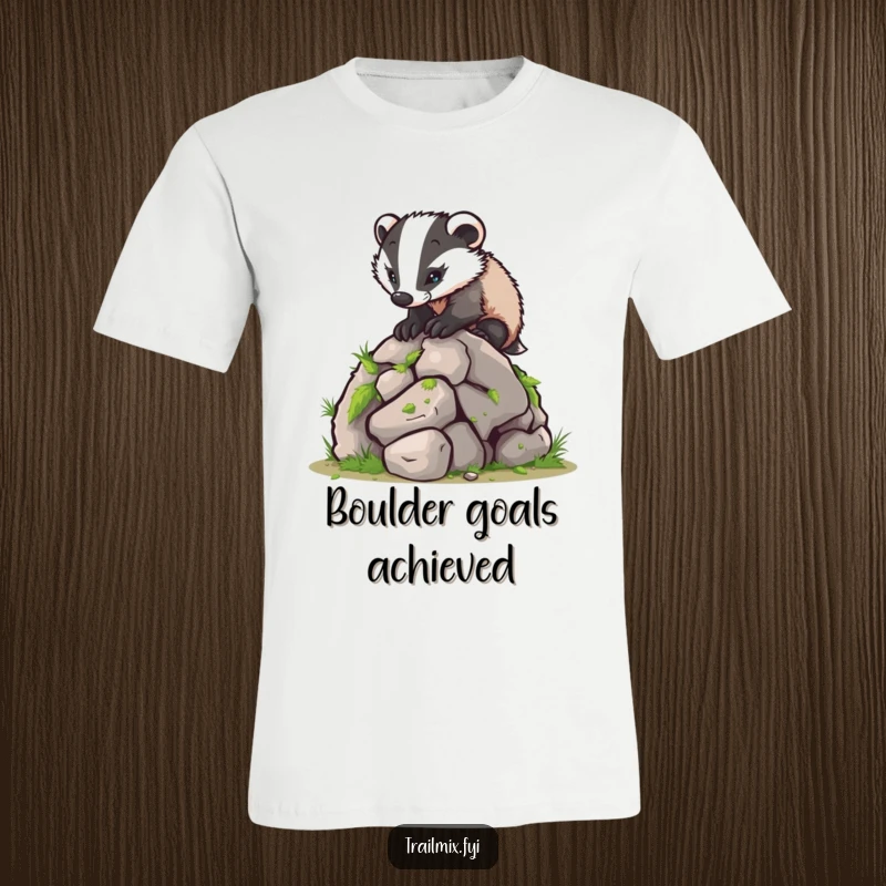 Funny t-shirt features a tenacious badger scaling a tiny mossy boulder, showcasing grit and a funny, adventurous spirit.