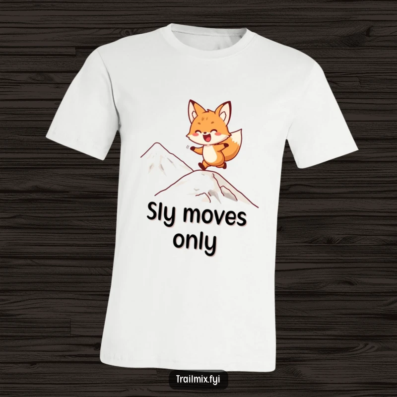 Funny fox t-shirt with a delighted character playfully bounding up a mountain slope, capturing the energy of exploration.