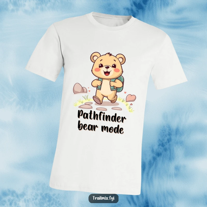 Funny happy bear character wearing a backpack, joyfully striding up a path, on a funny and adventurous t-shirt.