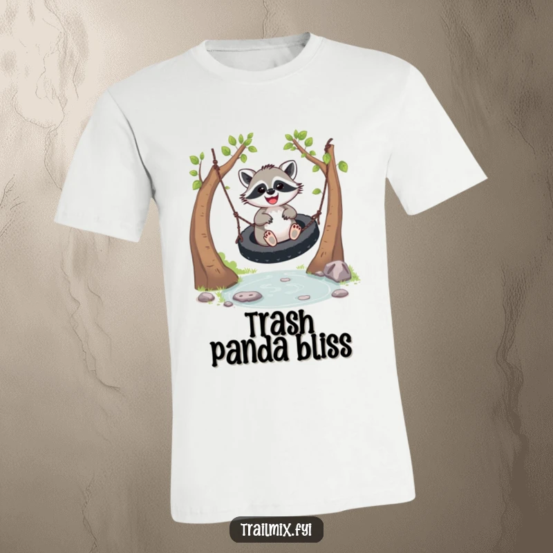 Funny joyful racoon t-shirt, mid-air on a tire swing, with a wide grin and happy eyes. Whimsical woodland creature graphic.