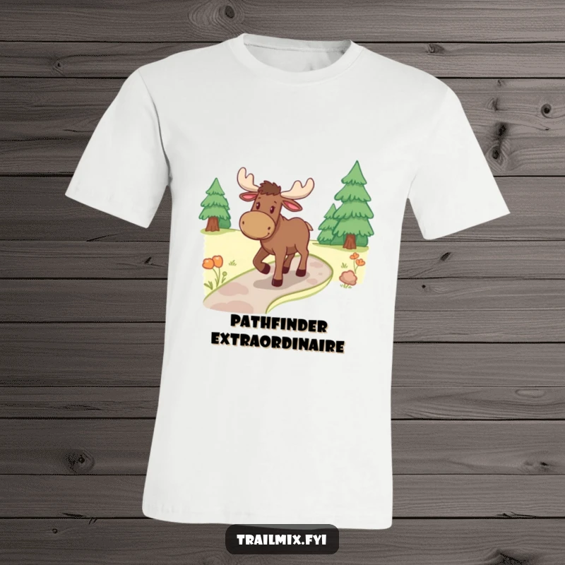 Funny moose t-shirt, depicted ambling peacefully along a winding forest path, conveying a sense of calm adventure.