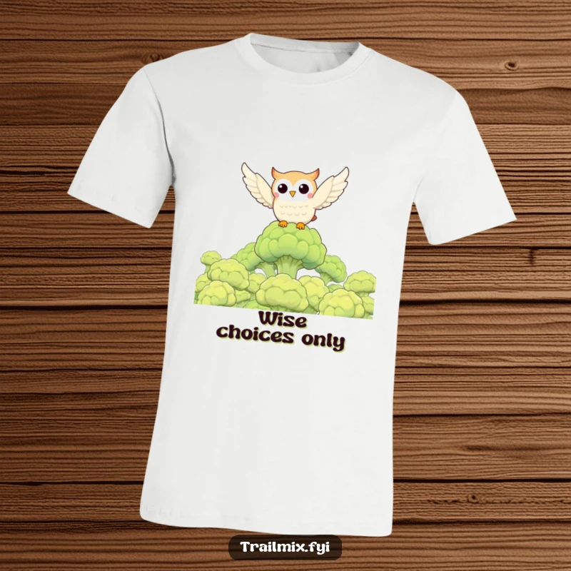 Funny owl character soaring with glee above a vibrant forest of broccoli florets, a wonderfully funny t-shirt for all.
