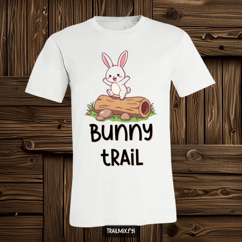 Funny rabbit t-shirt depicting a jovial rabbit in mid-hop over a small fallen log, showcasing pure, unadulterated fun.