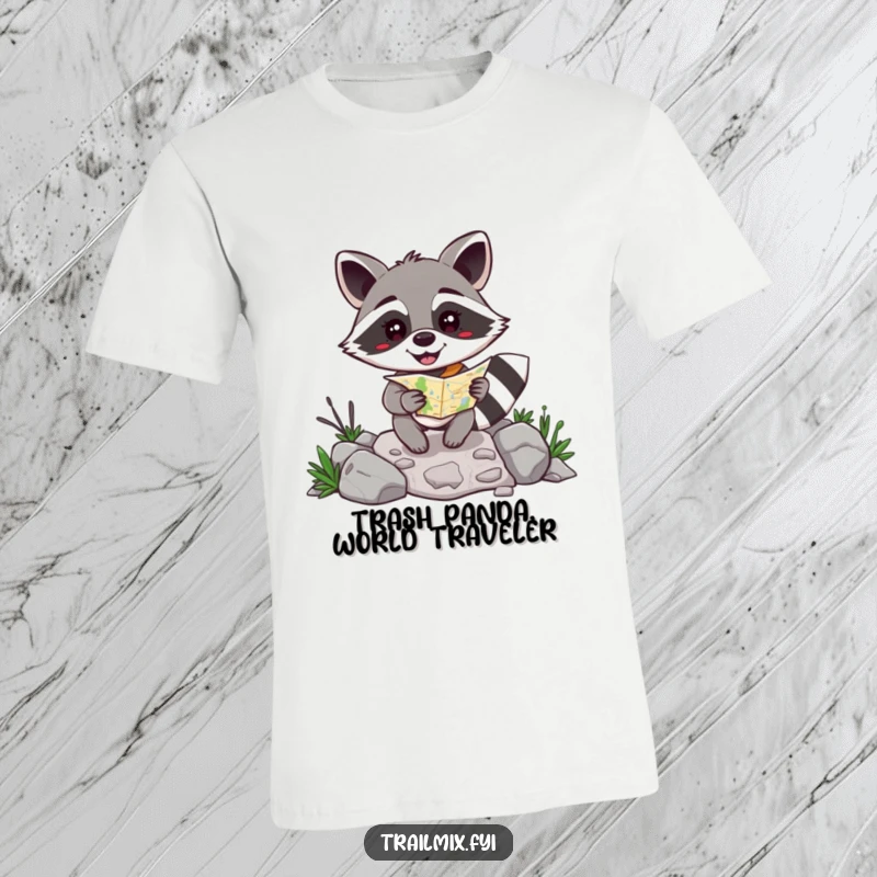 Funny happy raccoon with a map navigating a rocky path, humorous t-shirt for adventurers.