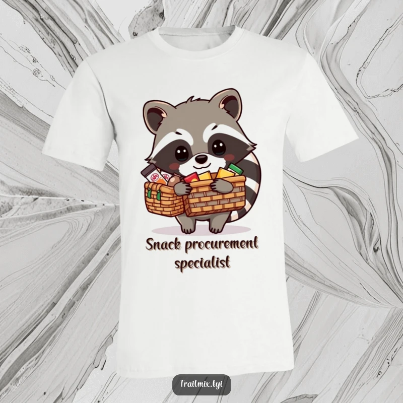 Funny Raccoon T-Shirt: A crafty raccoon is busy packing a picnic basket full of delicious snacks for an outdoor adventure, looking resourceful.