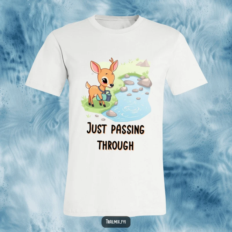 Funny t-shirt of a shy deer with a canteen curiously observing a bubbling stream, perfect for casual wear and nature appreciation.
