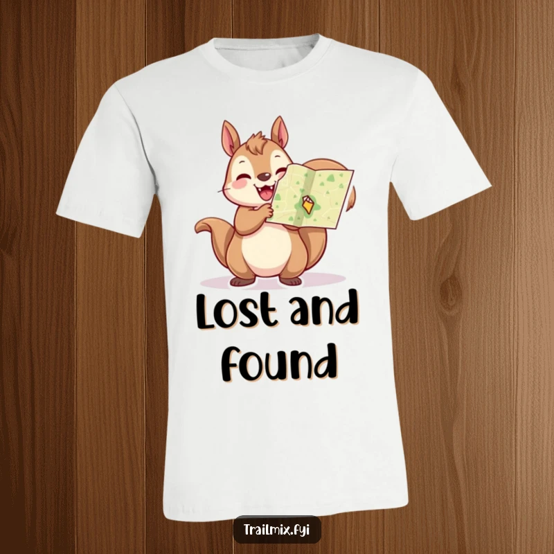 Funny squirrel t-shirt, cheerfully holding a tiny map aloft, ready for any adventure, embodying excitement and preparedness.