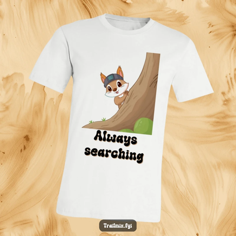 Funny Squirrel T-Shirt: Animated squirrel with a headlamp excitedly peeking around a large tree, showcasing curiosity and adventure.