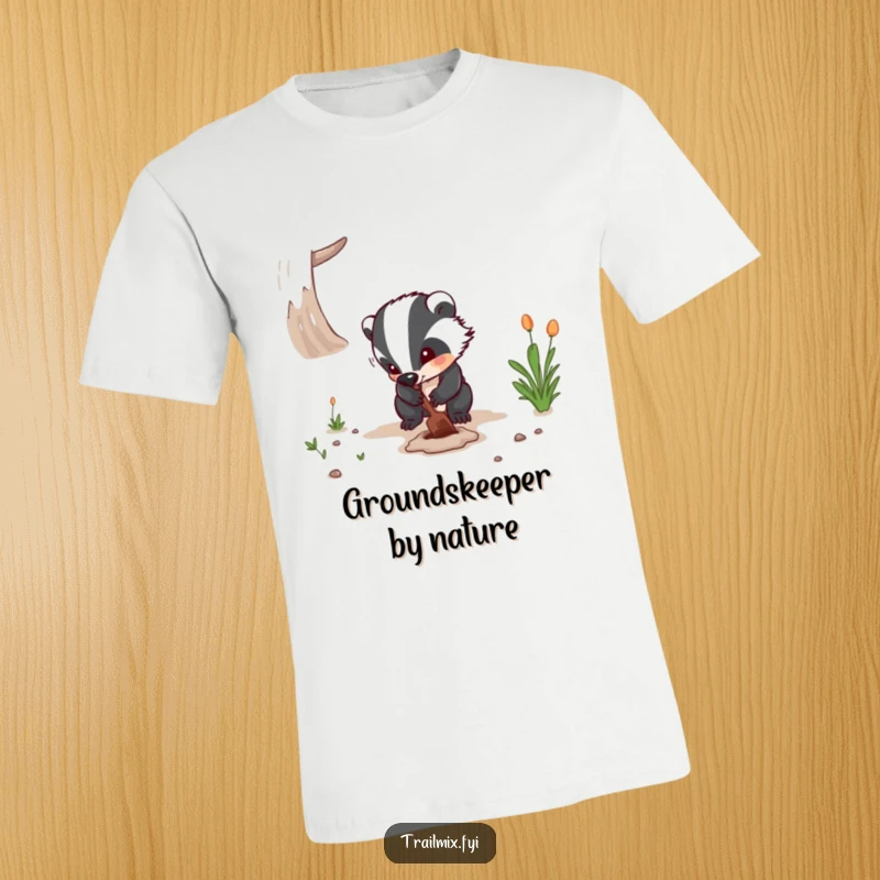 Funny t-shirt showing a determined badger digging a hole on a path, capturing the essence of hard work in a humorous way.