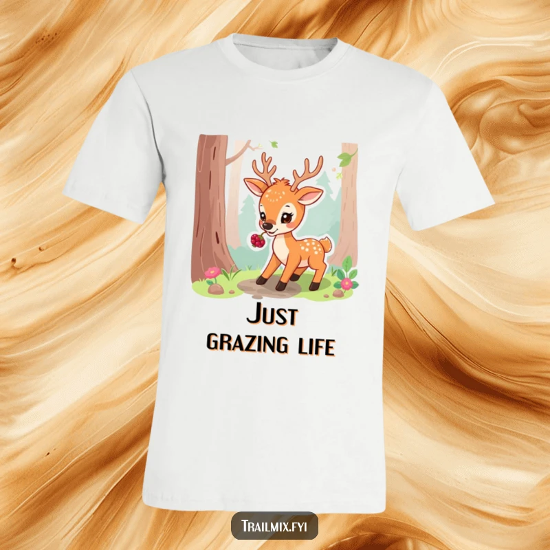 Funny t-shirt design of a playful deer pausing on a forest path, gently nibbling on a berry, radiating calm.