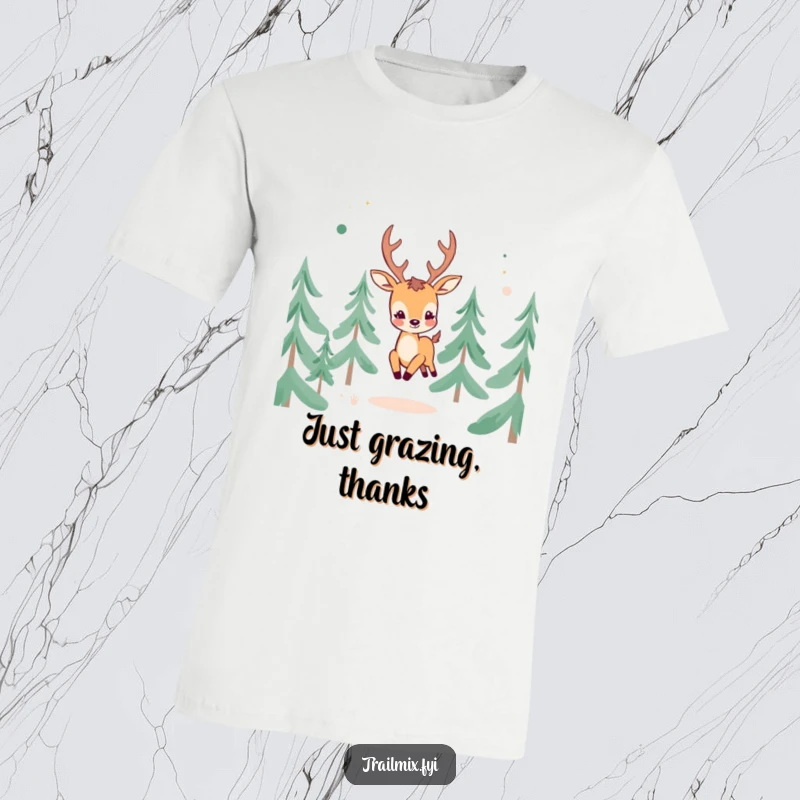 Funny Cheerful Deer T-Shirt: A happy deer character playfully frolicking among abstract pine trees.