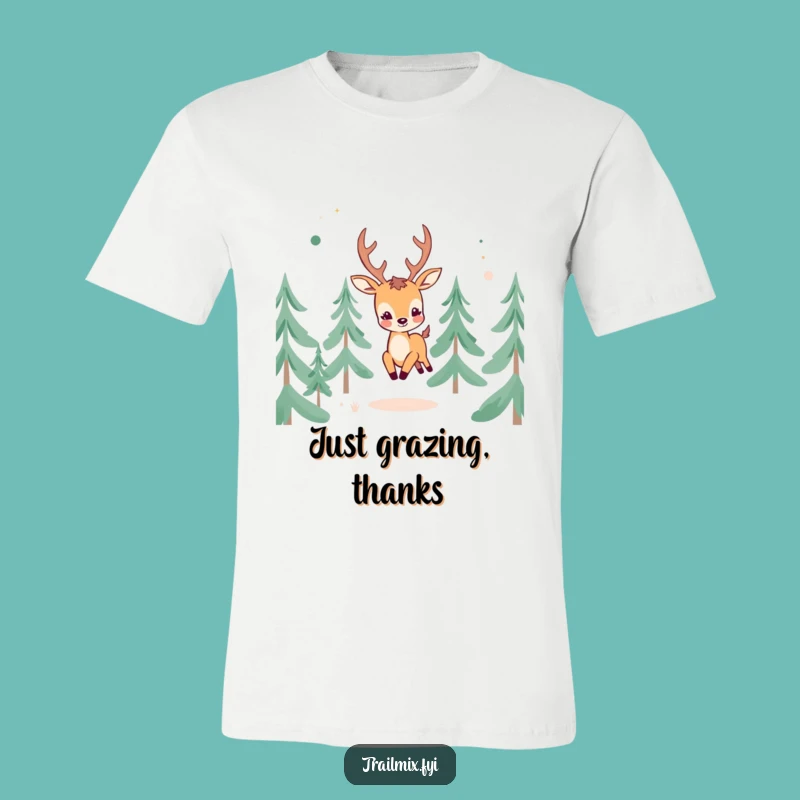 Funny Cheerful Deer T-Shirt: Woodland frolics, ideal funny gift for outdoor enthusiasts.