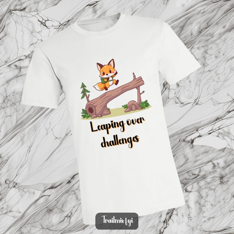 Funny fox hiker t-shirt, mid-leap over a log, brave and athletic design, ideal for active individuals.