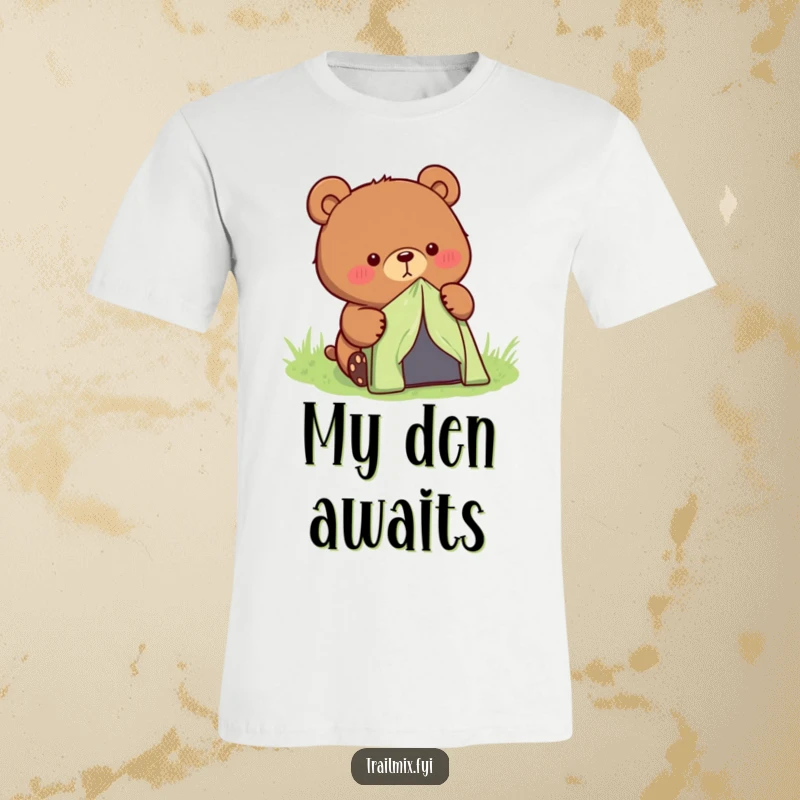 Funny determined bear character setting up a small tent, printed on a comfortable t-shirt.