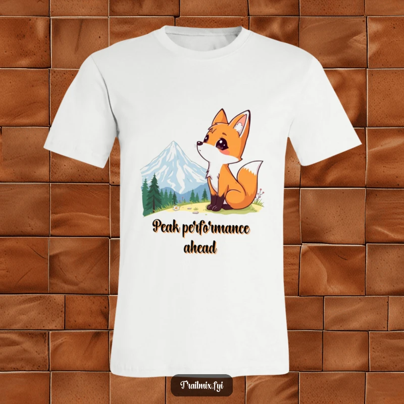 Funny T-shirt with a curious fox gazing upwards at majestic mountains, expressing wonder and a love for nature's beauty.