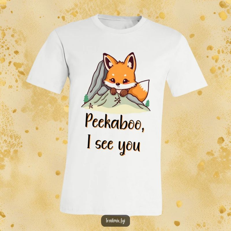 Funny curious fox peeking from behind a mountain artwork, perfect for a tshirt, conveying adventure and playful exploration.