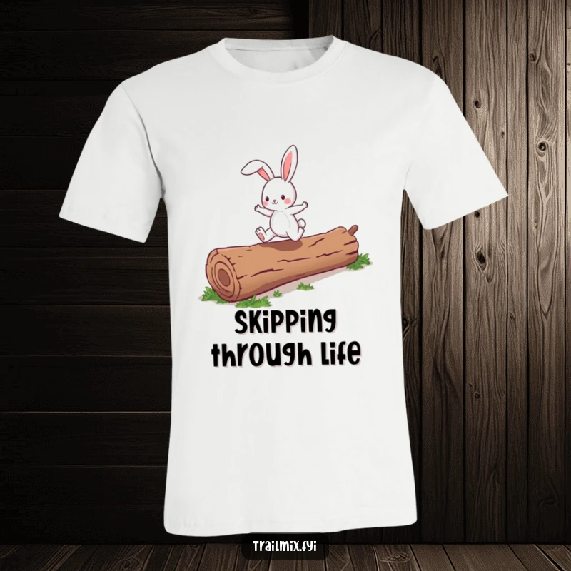 Funny energetic bunny character enthusiastically skipping over a fallen log, printed on a comfortable t-shirt.