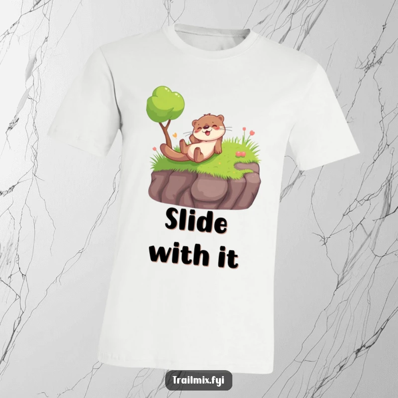 Funny t-shirt depicting a gleeful otter sliding down a grassy slope, a humorous and energetic wearable illustration.