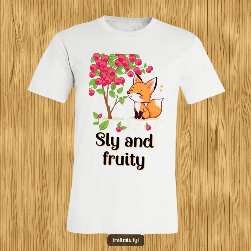 Funny fox t-shirt depicting a cheerful fox enthusiastically sniffing a wild berry bush, showcasing a keen nose for adventure.