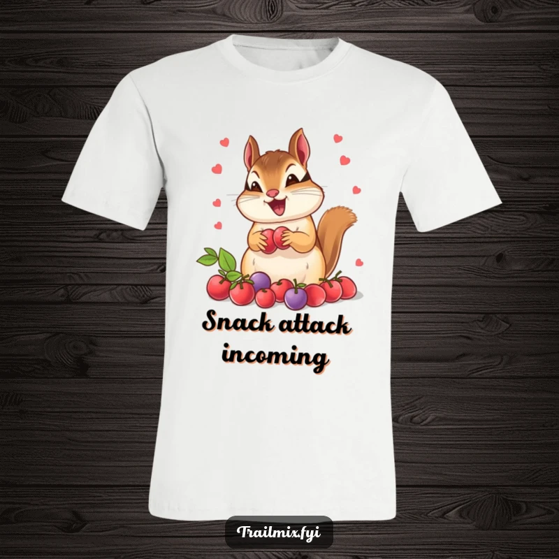 Funny chipmunk t-shirt, bursting with excitement while gathering a pile of ripe berries. A humorous and cute woodland creature design.