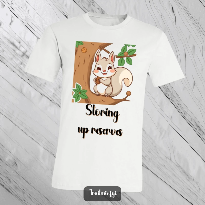 Funny T-shirt illustrating a smiling squirrel character with focus, storing nuts high up in a tree.