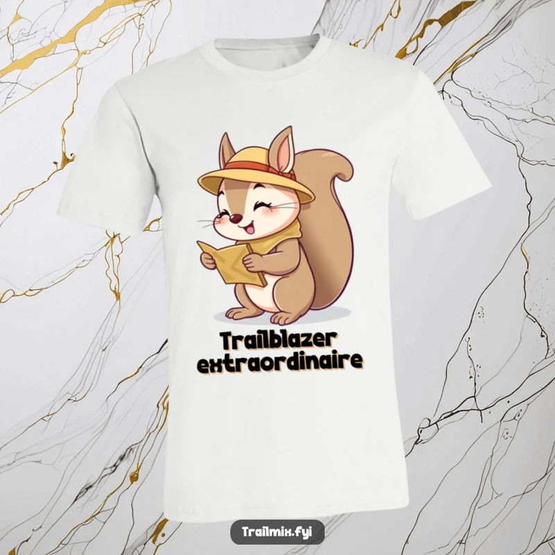 Funny squirrel scout t-shirt, checking a map with curiosity, cheerful and ready for adventure, unique outdoor graphic tee.