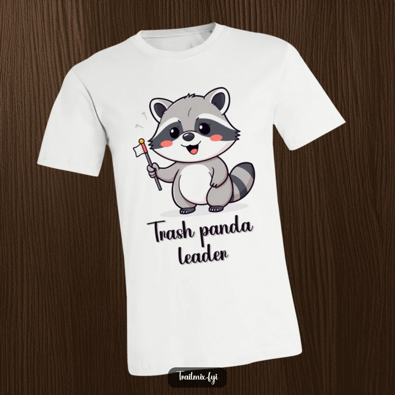 Funny t-shirt depicting a cheerful raccoon waving a small flag, perfect for parties or everyday fun, a great funny gift.