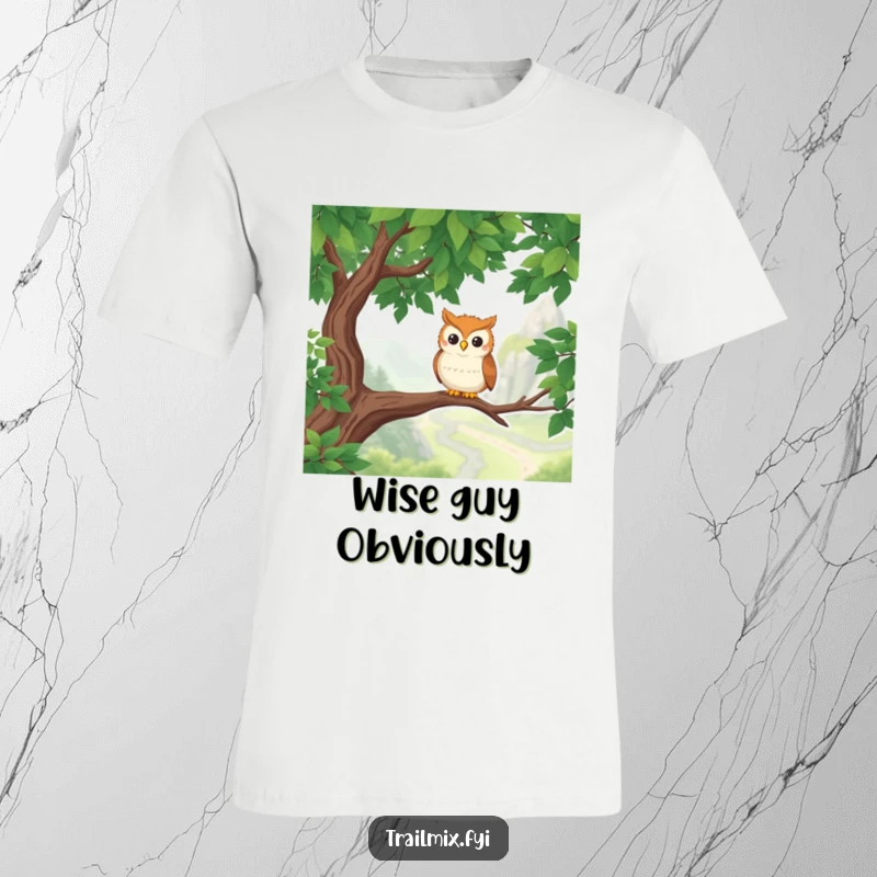 Funny Owl T-Shirt: A grinning owl perches on a branch, gazing at a stunning hiking path, embodying outdoor fun.