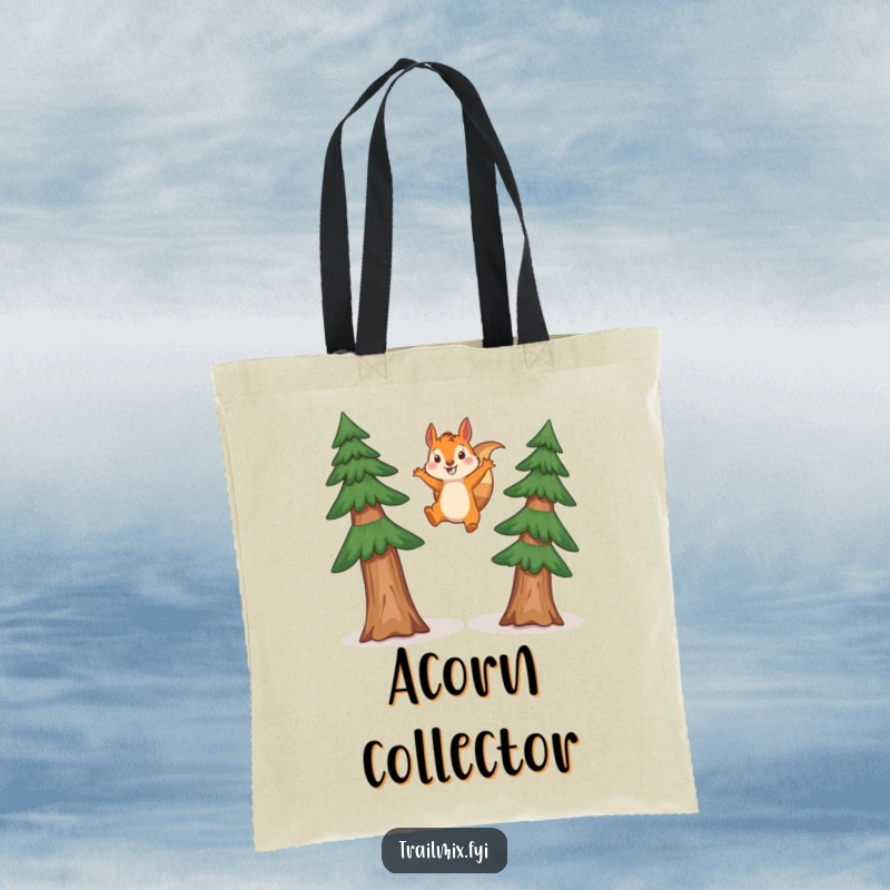 Funny squirrel tote bag illustrating a happy squirrel mid-leap, soaring between two tall pine trees, a truly energetic woodland scene.