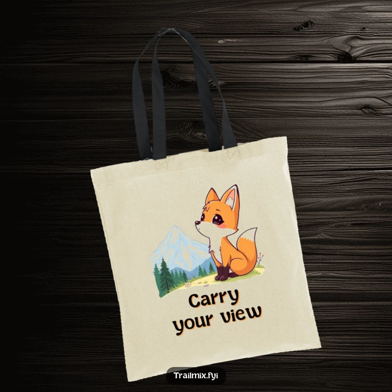 Funny tote bag showing a cute fox character gazing up at a stunning mountain vista, perfect for nature lovers and explorers.