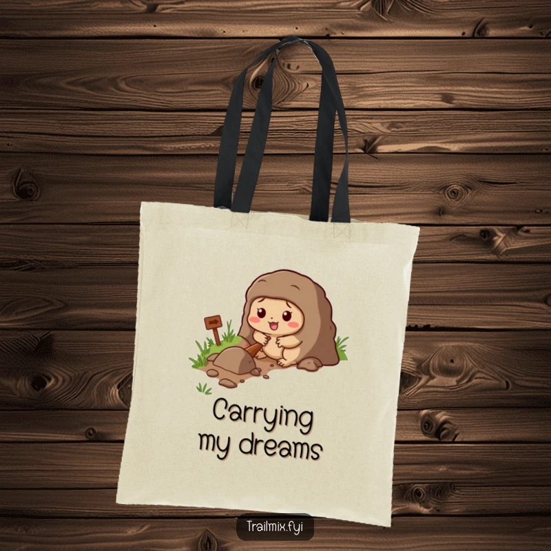 Funny tote bag showcasing a determined mole character digging a tunnel alongside a trail, ready for errands.