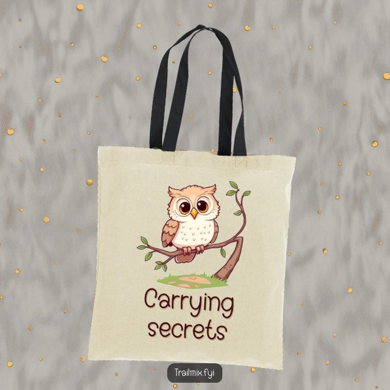 Funny tote bag featuring a curious owl character perched on a branch, ready for daily tasks.
