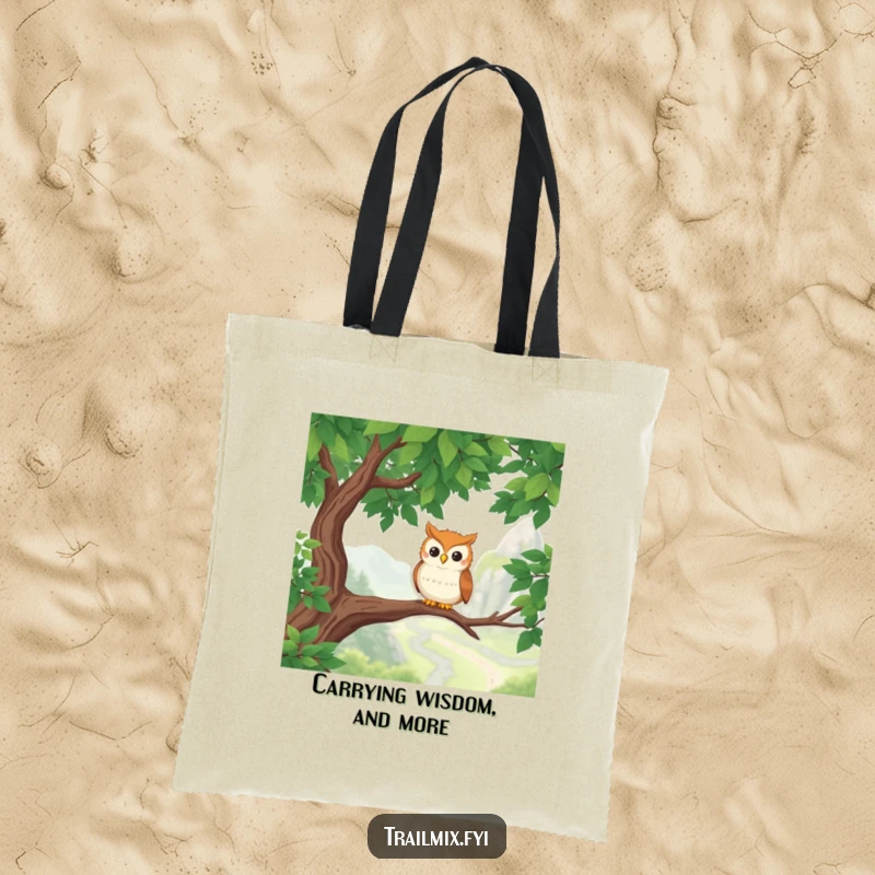 Funny Owl Tote Bag: A cheerful owl sits on a branch, overlooking a picturesque hiking route, ready for errands or adventures.