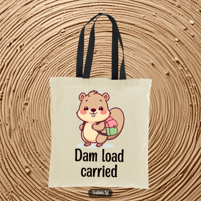 Funny tote bag with a beaver carrying a backpack, a humorous and practical accessory for daily adventures and errands.
