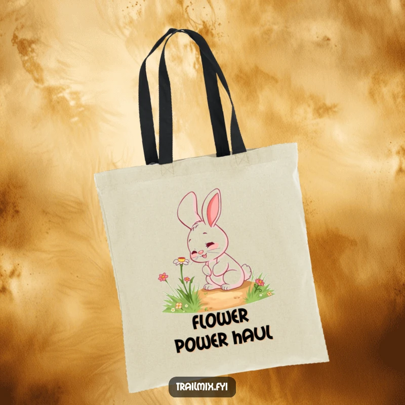 Funny rabbit tote bag with a giggling character curiously sniffing a wildflower on a path, adding charm to errands.