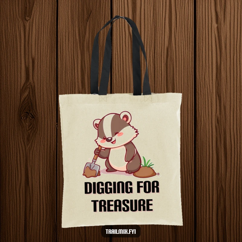 Funny tote bag with an enthusiastic badger digging with a trowel, a humorous and practical accessory for carrying supplies.