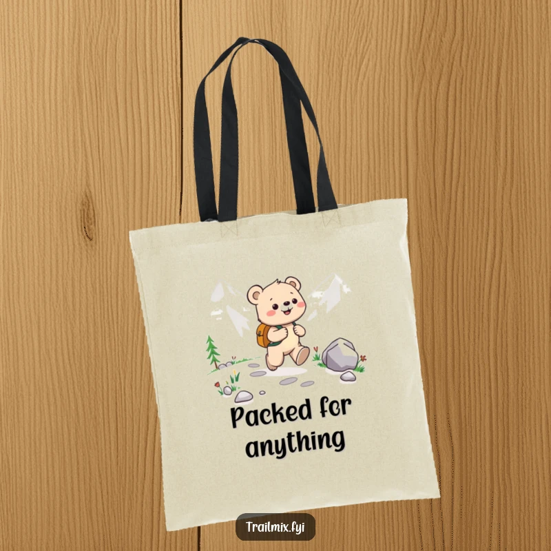 Funny Bear Cub Tote Bag: Tote bag with a happy bear cub wearing a backpack, joyfully skipping on a mountain path, ready for anything.