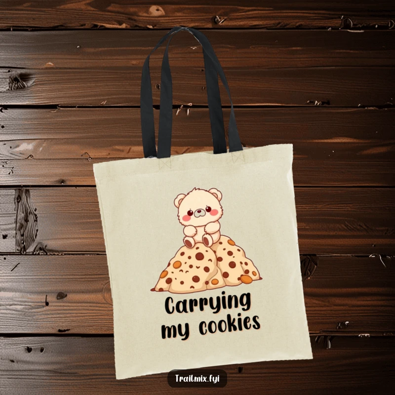 Funny fluffy bear character joyfully hiking up a mountain of cookies on a tote bag.