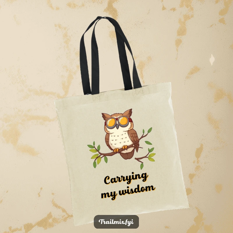 Funny tote bag of a brave owl wearing goggles surveying the trail from a high branch, perfect for carrying adventure gear.