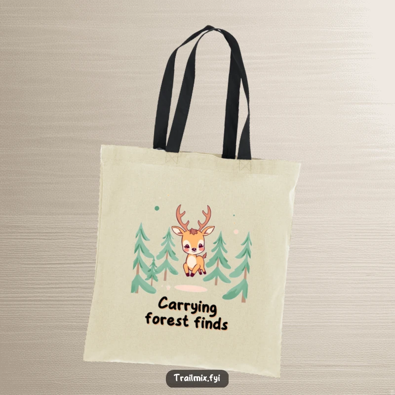 Funny Cheerful Deer Tote Bag: A tote bag depicting a happy deer character frolicking amidst abstract pine trees.