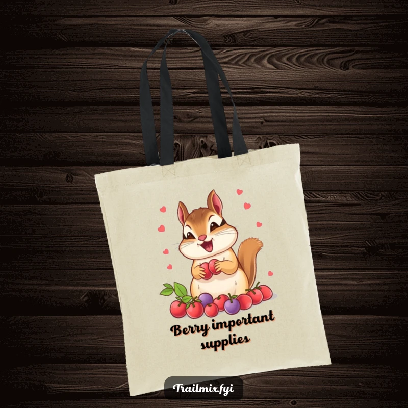Funny chipmunk tote bag, proudly displaying its impressive collection of freshly gathered berries. A humorous and practical accessory.