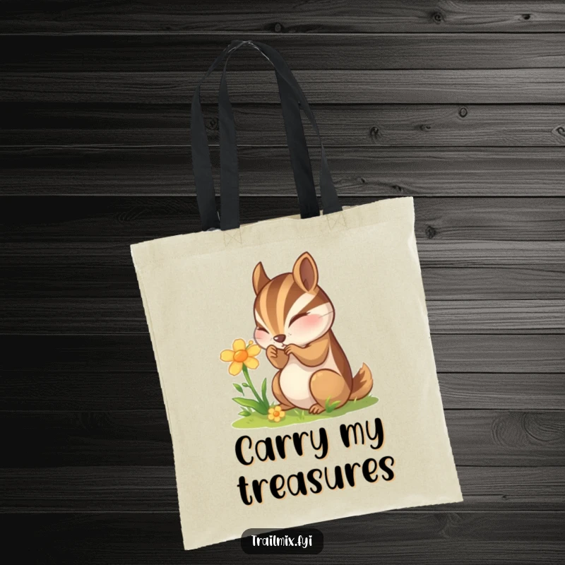 Funny Chipmunk Tote Bag: A curious chipmunk is examining a wildflower, making this tote a charming accessory for nature lovers.