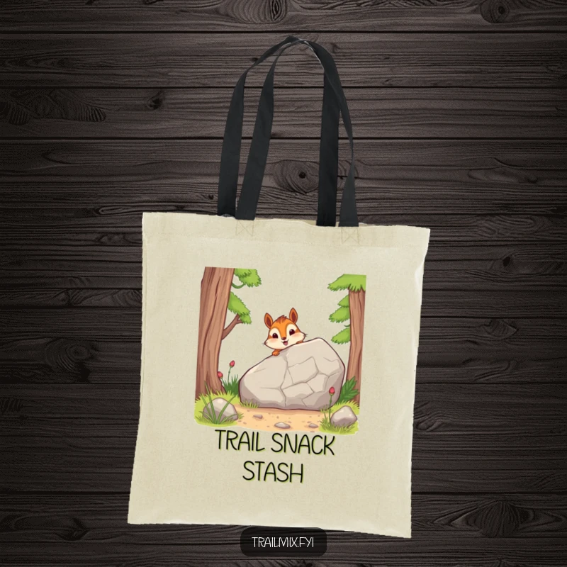 Funny tote bag displays a cheerful chipmunk peeking from behind a rock, a cute and practical accessory for outdoor adventures.